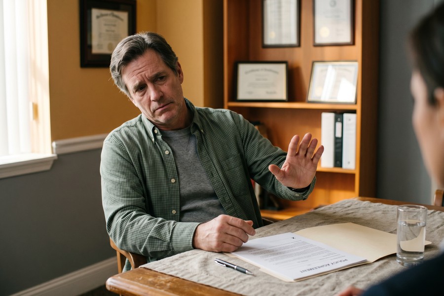 Licensed insurance broker reviewing policy documents with a client at an office desk