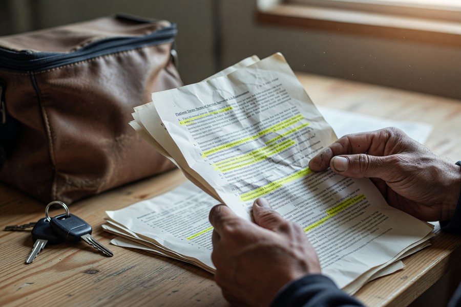 Freelancer reviewing insurance policy documents at a home office desk