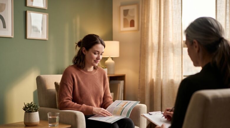 Person reviewing mental health insurance coverage details in their health plan documents