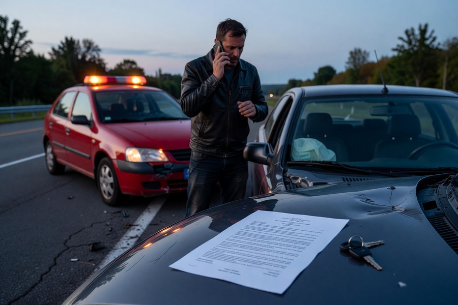 Driver receiving traffic citation for no insurance with state trooper alongside road