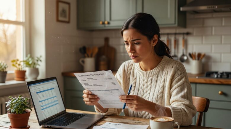 Person reviewing short term health insurance plan documents at a desk