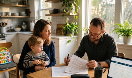 Person in their 30s reviewing term life insurance policy documents at a desk