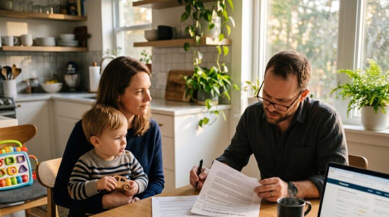 Person in their 30s reviewing term life insurance policy documents at a desk