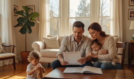 Single income family reviewing term life insurance policy at kitchen table