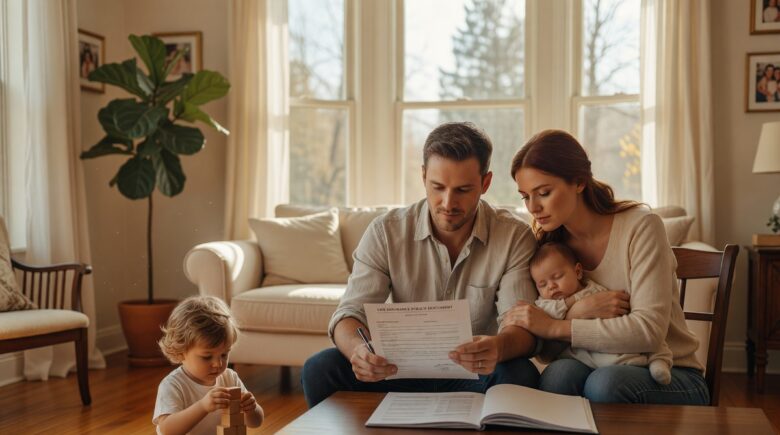Single income family reviewing term life insurance policy at kitchen table