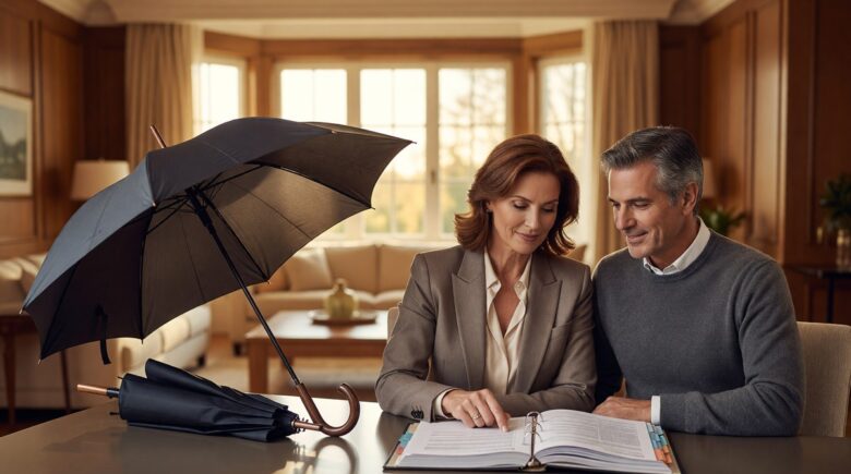 Umbrella insurance policy document with liability coverage protection concept