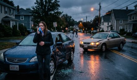 Driver exchanging insurance information after a car accident highlighting the importance of uninsured motorist coverage