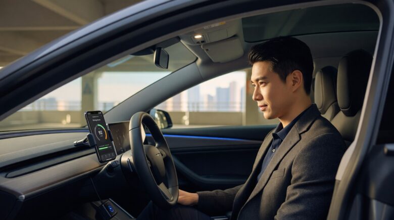 Smartphone displaying telematics driving score app next to a car steering wheel for usage based auto insurance