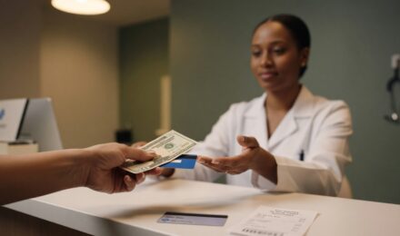 Patient paying health insurance copay at a medical office front desk
