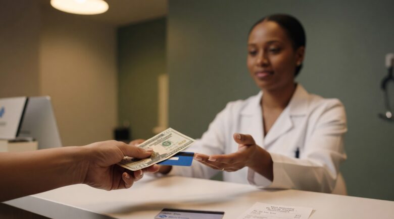 Patient paying health insurance copay at a medical office front desk