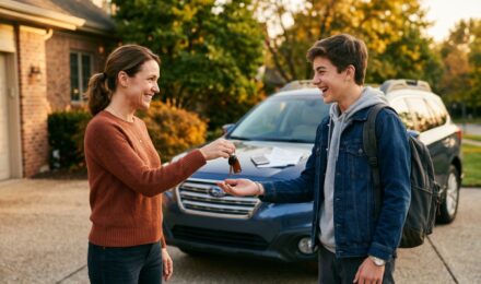 Parent and teen reviewing car insurance policy documents together at a kitchen table