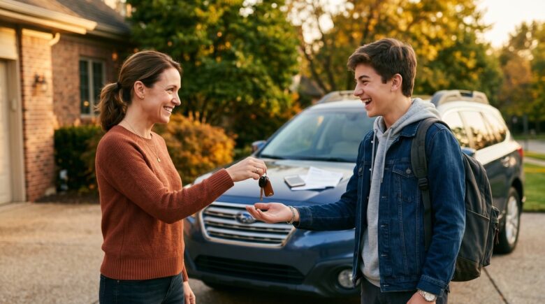 Parent and teen reviewing car insurance policy documents together at a kitchen table