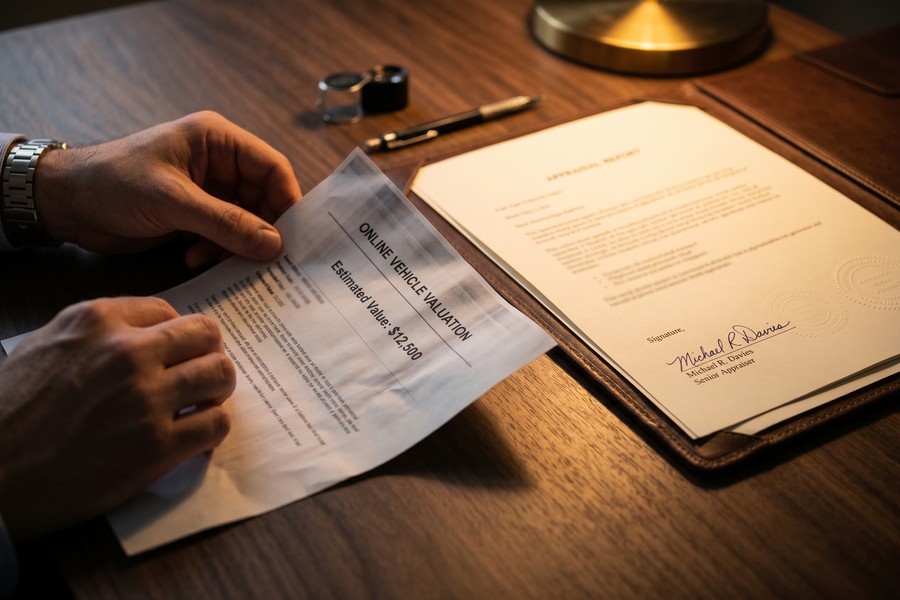 Professional appraiser examining a classic car during an agreed value insurance appraisal process