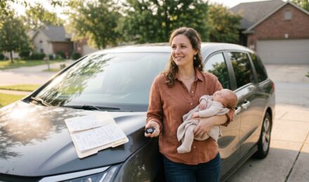 Stay-at-home parent reviewing auto insurance policy at home with family vehicle in background