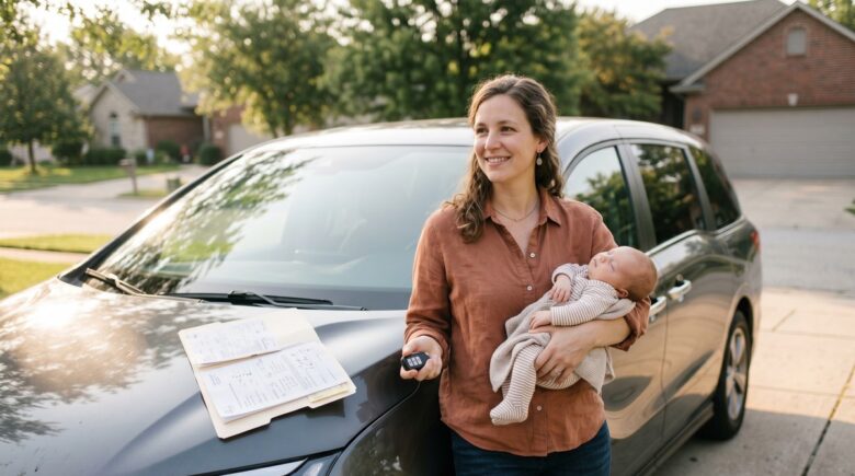 Stay-at-home parent reviewing auto insurance policy at home with family vehicle in background