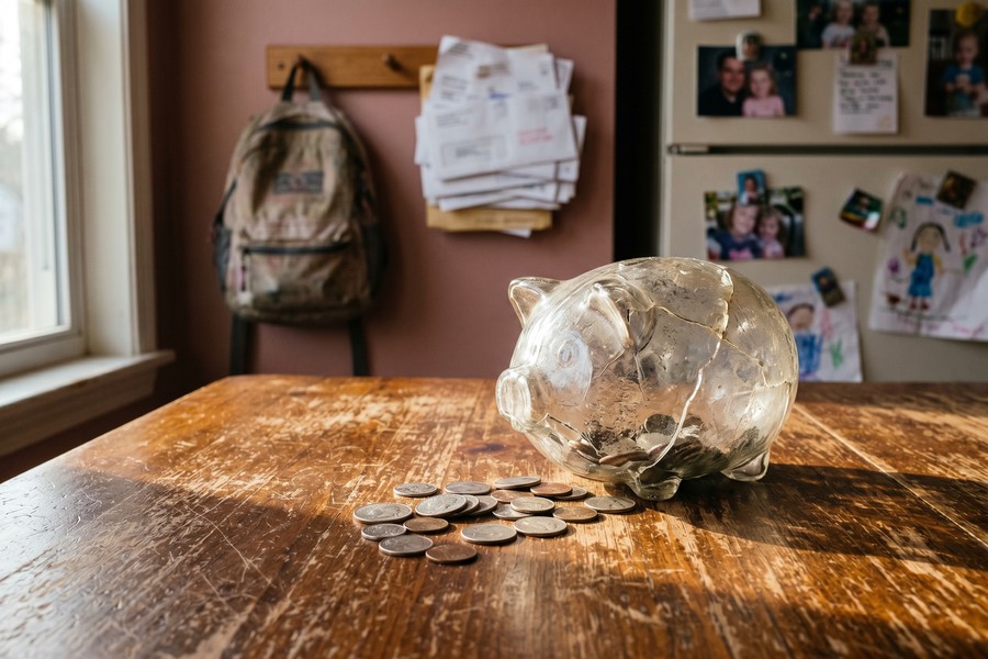 Stay-at-home parent reviewing auto insurance policy documents at kitchen table