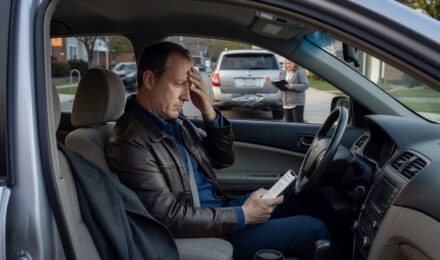 Driver reviewing lapsed car insurance policy documents with worried expression