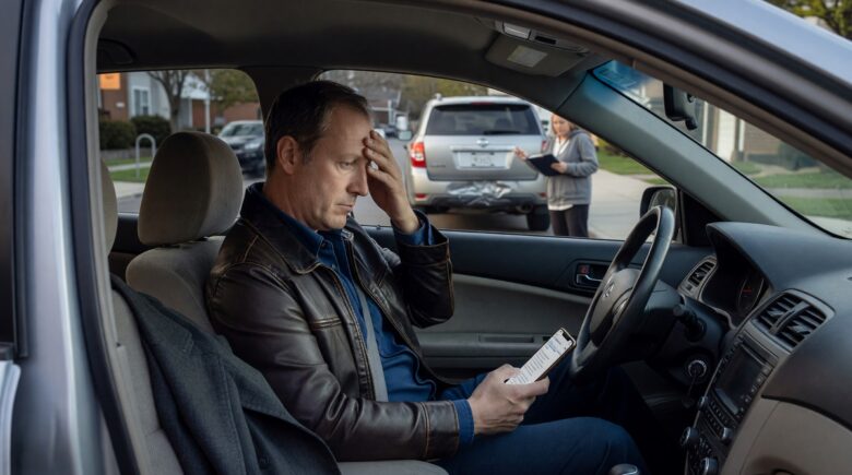 Driver reviewing lapsed car insurance policy documents with worried expression