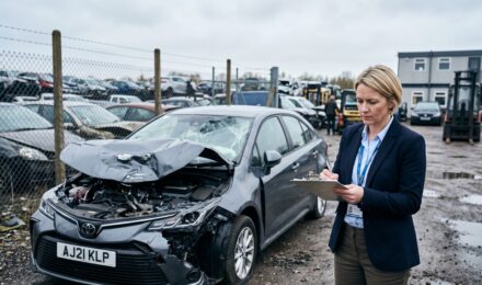 Car insurance adjuster inspecting a totaled vehicle to determine total loss payout amount