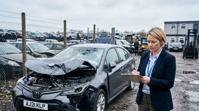 Car insurance adjuster inspecting a totaled vehicle to determine total loss payout amount
