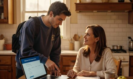 Parent and young adult child reviewing dependent health insurance age-off rules together