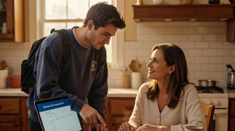 Parent and young adult child reviewing dependent health insurance age-off rules together