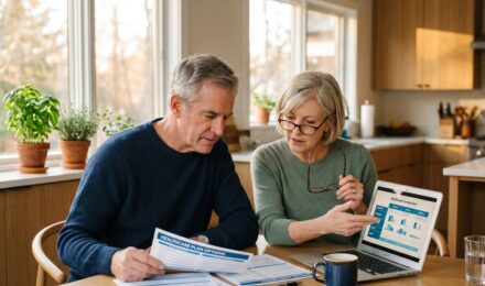 Retired couple reviewing health insurance options before Medicare eligibility at age 65