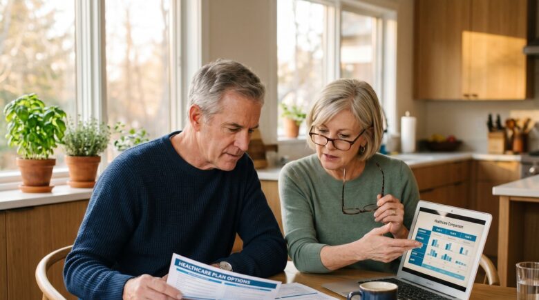 Retired couple reviewing health insurance options before Medicare eligibility at age 65