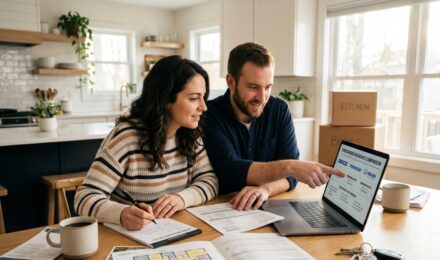First-time homebuyer reviewing homeowners insurance policy documents before closing
