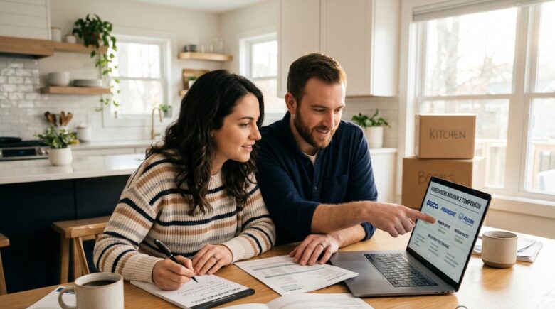 First-time homebuyer reviewing homeowners insurance policy documents before closing