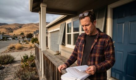 Homeowner reviewing homeowners insurance premiums in a high-risk state with a calculator and policy documents