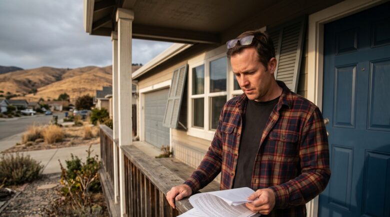 Homeowner reviewing homeowners insurance premiums in a high-risk state with a calculator and policy documents