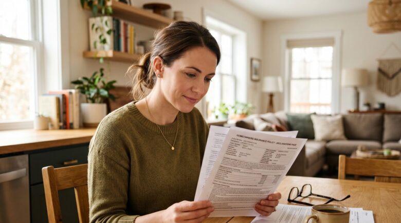 Policyholder reviewing an insurance declarations page at a desk with a highlighter and policy documents