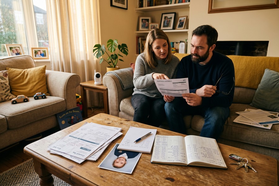 Split image showing a homeowner reviewing insurance documents at a kitchen table with a laptop open