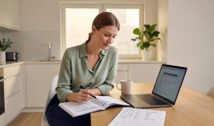 Person reviewing insurance deductible strategies on a laptop with policy documents and calculator on desk