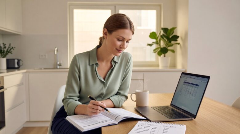 Person reviewing insurance deductible strategies on a laptop with policy documents and calculator on desk