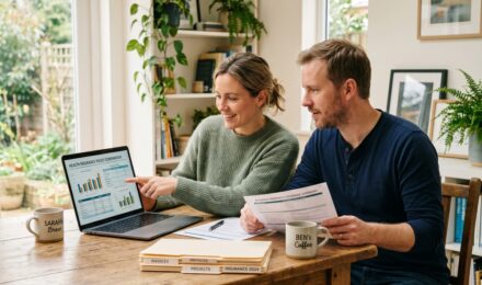 Self-employed couple reviewing their insurance plan documents together at home on a budget