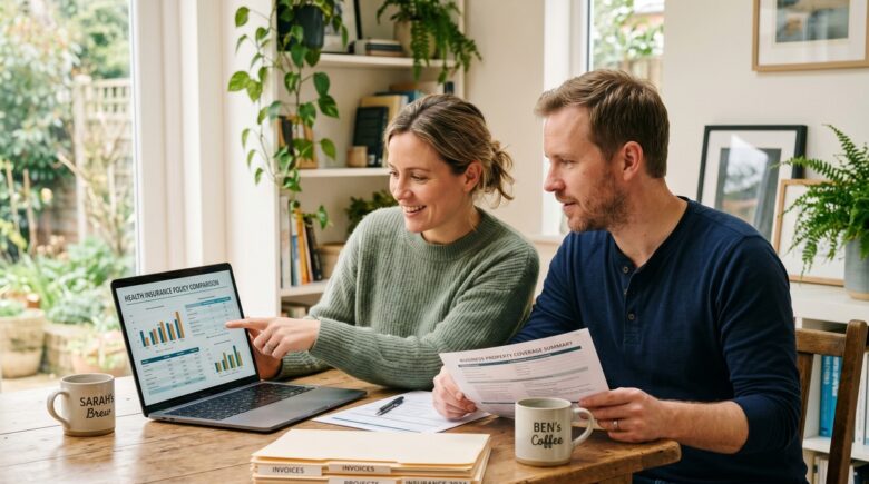 Self-employed couple reviewing their insurance plan documents together at home on a budget