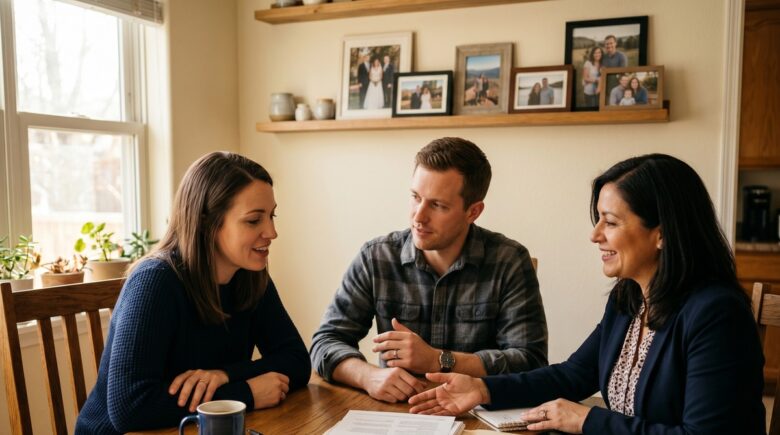 Couple reviewing insurance policies together after a major life event like marriage or divorce