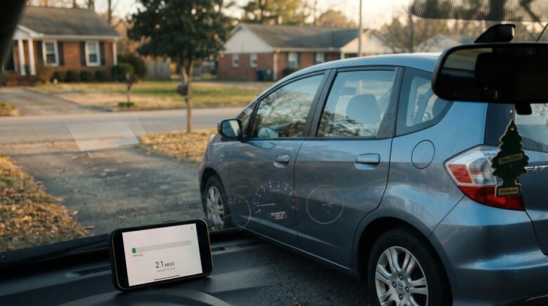 Low-mileage driver comparing pay per mile insurance options on a laptop