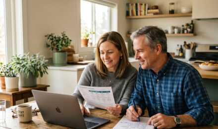 Self-employed couple over 50 reviewing health insurance options on a laptop at home