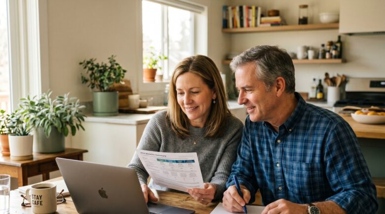 Self-employed couple over 50 reviewing health insurance options on a laptop at home