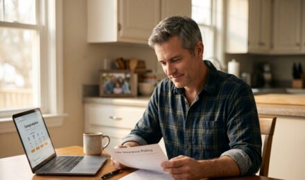 A 45-year-old man reviewing affordable term life insurance policy options at a desk