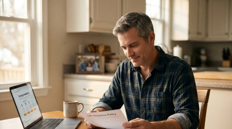 A 45-year-old man reviewing affordable term life insurance policy options at a desk