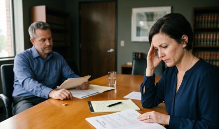 Couple reviewing term life insurance policy documents during divorce proceedings