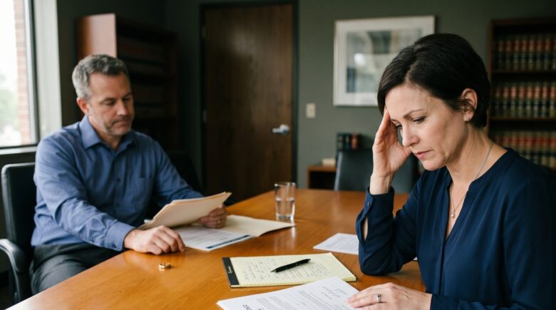 Couple reviewing term life insurance policy documents during divorce proceedings