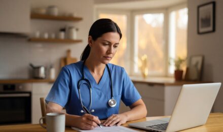 Nurse reviewing term life insurance policy options at a hospital desk