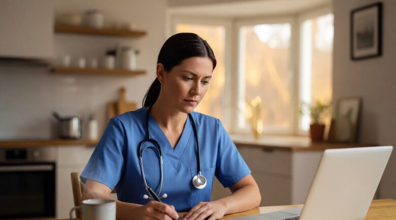 Nurse reviewing term life insurance policy options at a hospital desk