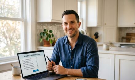 Person applying for term life insurance without a medical exam on a laptop