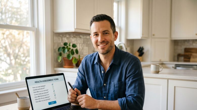 Person applying for term life insurance without a medical exam on a laptop